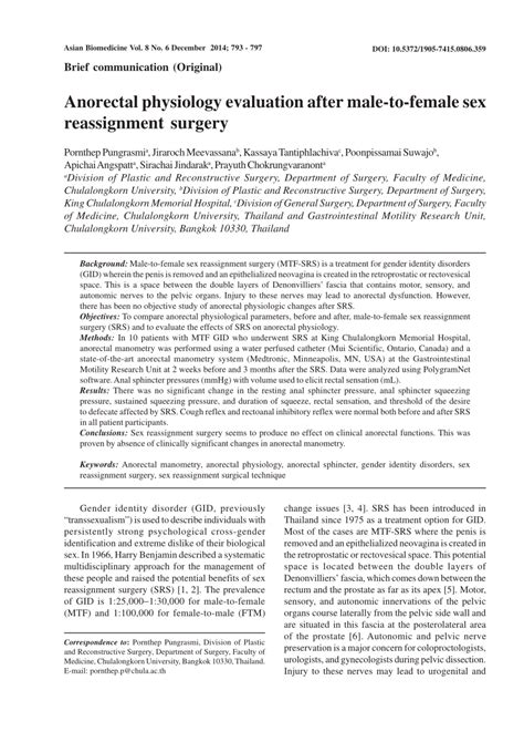 PDF Anorectal Physiology Evaluation After Male To Female Sex Reassignment Surgery