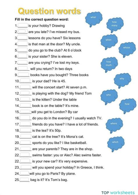 Question Words Interactive Worksheet Topworksheets