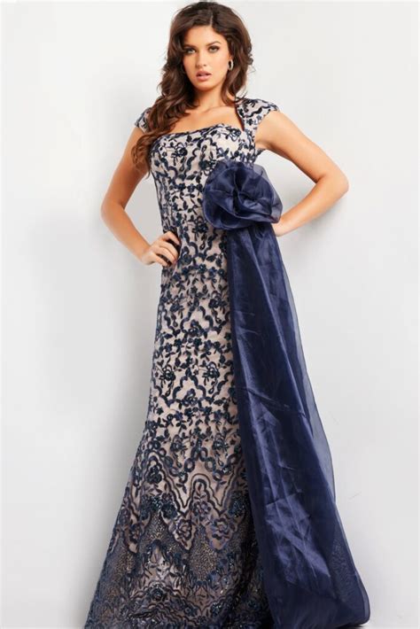 Navy Nude Embroidered Cap Sleeve Gown Jovani