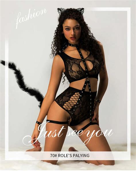 Mesh Lingerie Set Sultry Cat Girl Costume Erotic Mesh Bodysuit Black Sexy Catsuit Club