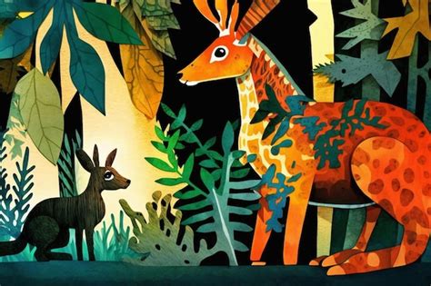 Premium Ai Image A Painting Of A Deer And A Deer In The Woods