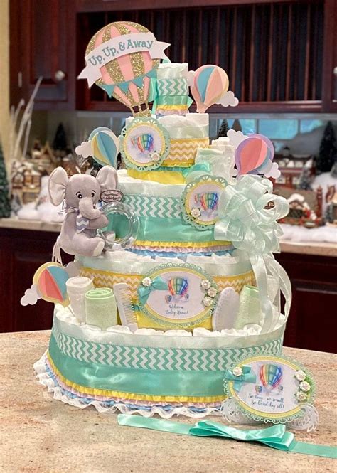 Premium Tier Hot Air Balloon Diaper Cake With Stuffed Bear Etsy Artofit