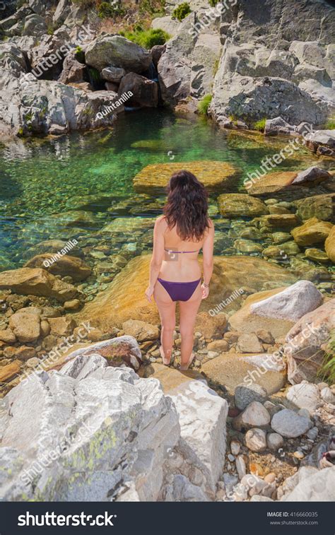 Brunette Woman Purple Bikini Barefoot Standing Stock Photo Edit Now