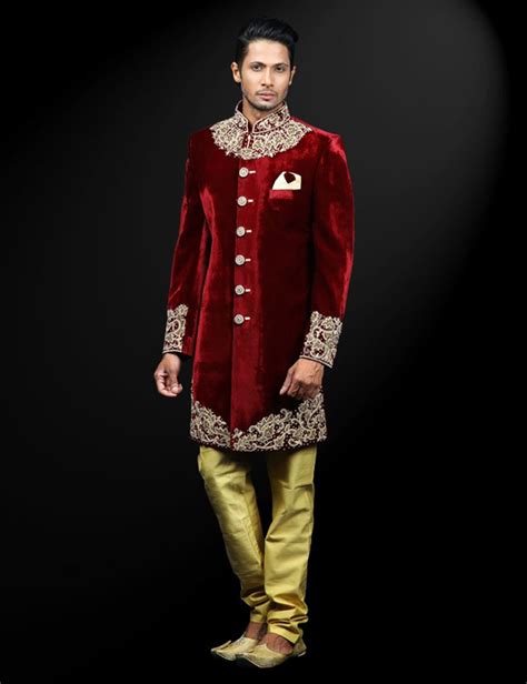 Classic And Elegant Maroon Velvet Sherwani With Gold Churidar