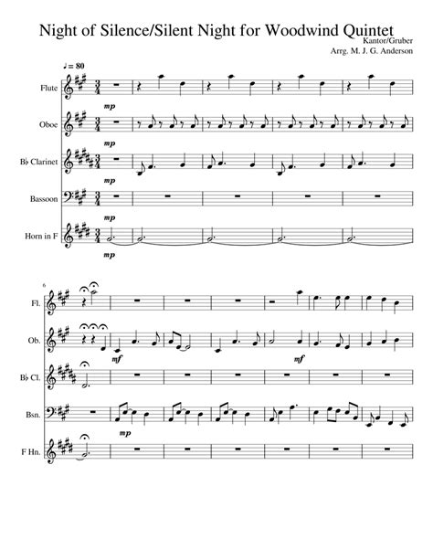 Night Of Silence Silent Night For Woodwind Quintet Sheet Music For