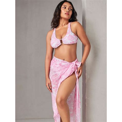 Buy Addery Cloudy Pink Floral Swimwear Bikini Top And Panty With Sarong Set Of Online