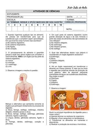 ATIVIDADE DE CIÊNCIAS - SISTEMA DIGESTÓRIO - 4º ANO E 5º ANO - COM ...