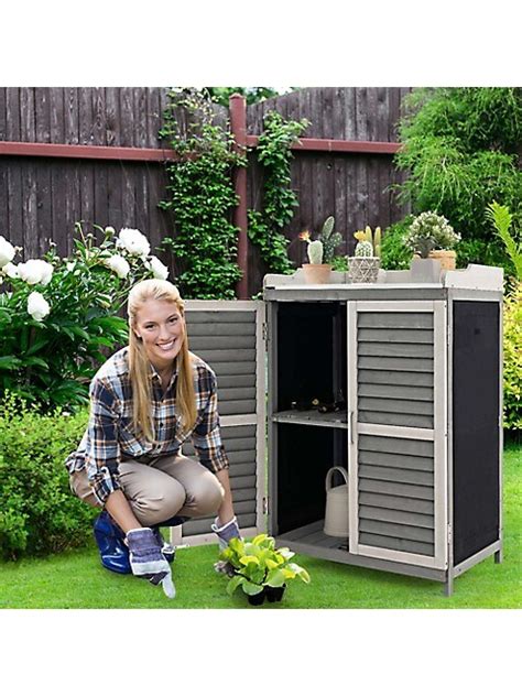 Costway Outdoor Potting Bench Table Garden Storage Cabinet With Metal Tabletop Thebay