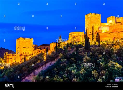 panoramic night view  alhambra granada spain stock photo alamy