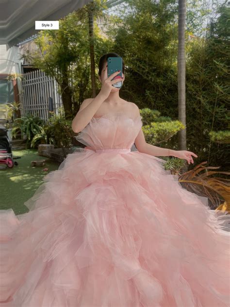 Fairy Nude Pale Pink Princess Tiered Layered Skirt Off The Shoulder Ball Gown Wedding Dress