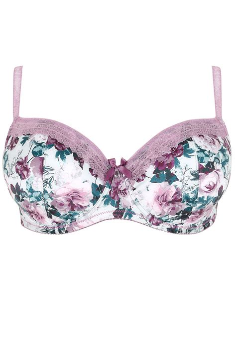 Lilac Floral Print Satin Underwired Bra With Lace Trim Moulded Cups