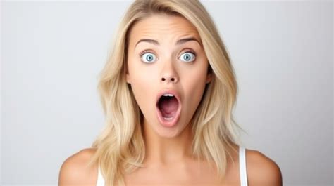 Premium AI Image Beautiful Blonde Woman Expresses Surprise And Shock Emotion With Open Mouth