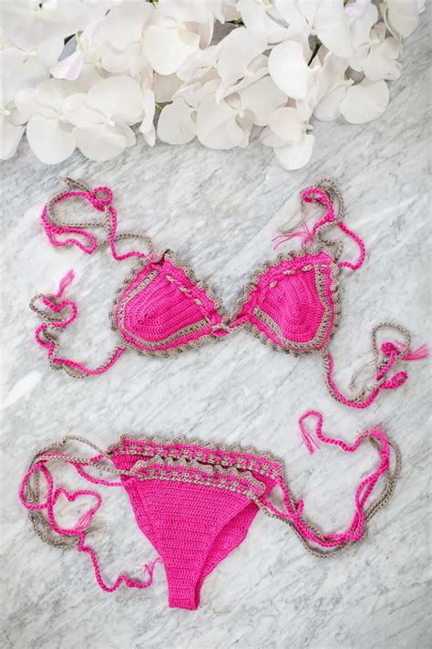Crochet Pink Bikini Handmade Knitted Pink Bikini Neoprene Bikini Boho Style Swimwear Bali