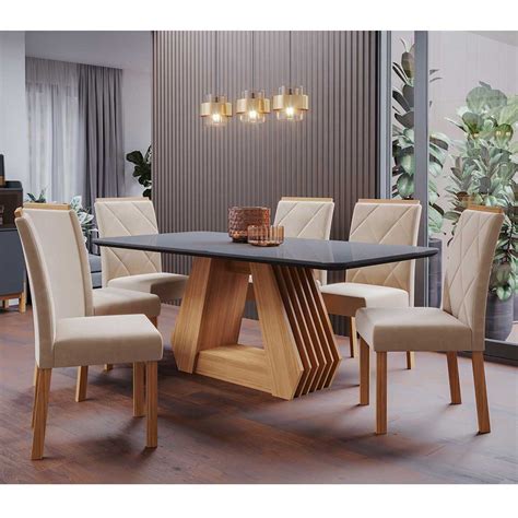 Conjunto Sala De Jantar Mesa Agata X Cm E Cadeiras Fernanda Nature Chumbo Madeira Nude