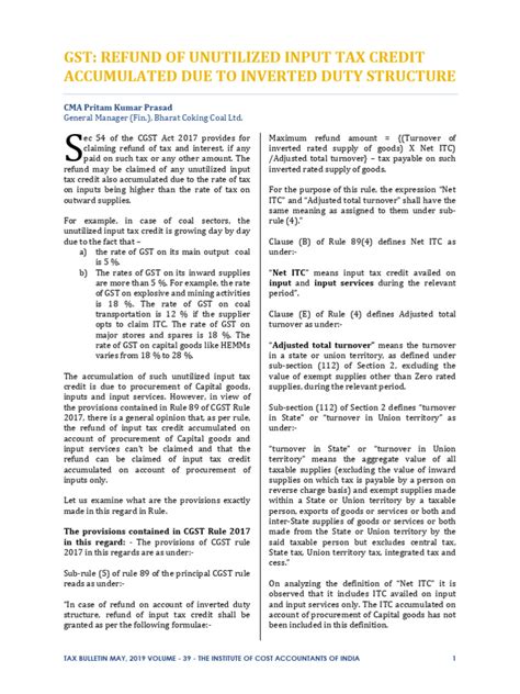 Gst Refund Of Unutilized Input Tax Credit Accumulated Due To Inverted