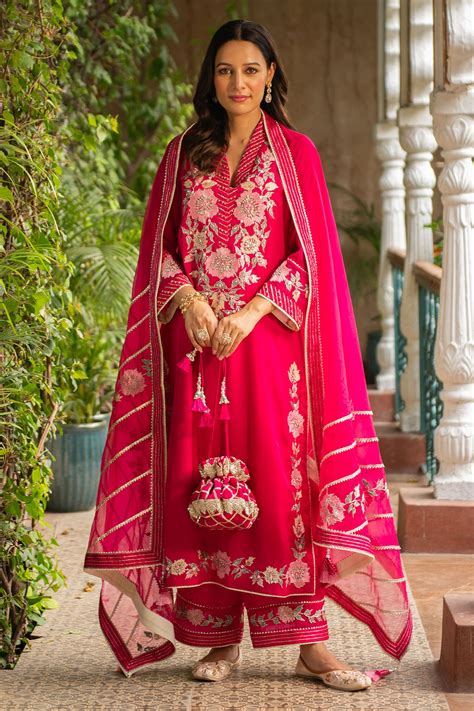 Buy Pink Silk Embroidered Cutdana V Neck Manya Floral Kurta Palazzo Set