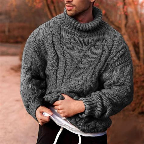 Mens Twisted Knitted Turtleneck Sweater Ribbed Thermal Slim Fit Casual Cable Knit Sweaterhigh