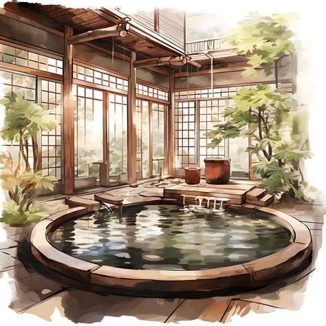 Premium AI Image Watercolor Room Of Japanese Onsen Ryokan Room Relaxing Onsen Hot On White