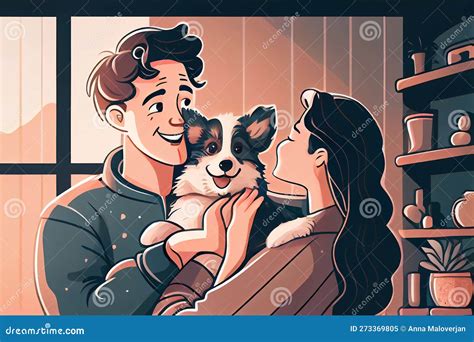 Familia Feliz De Dos Y Perro Posando Juntos Personajes De Dibujos