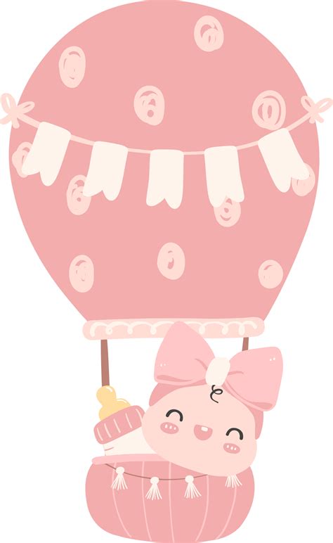 Baby Shower Girl Newborn Baby In Pink Hot Air Balloon PNG