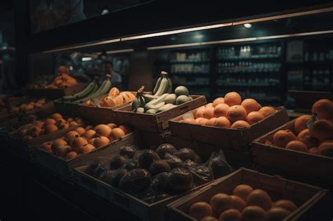 Продуктовый магазин с выставкой фруктов и овощей. | Премиум Фото