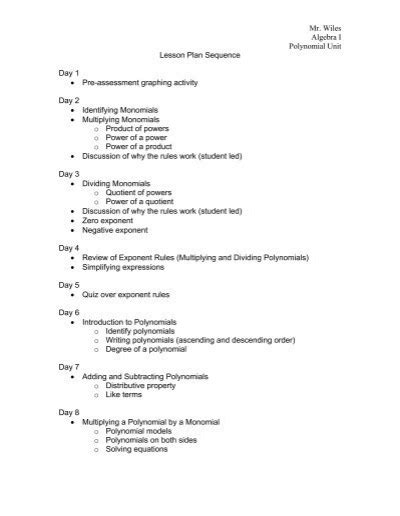 Polynomial Unit Lesson Plan Sequence Franklin College