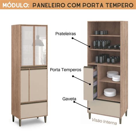 Cozinha Modulada Completa de Canto Catharina Vidro Reflecta Peças em MDF Amadeirado Nude