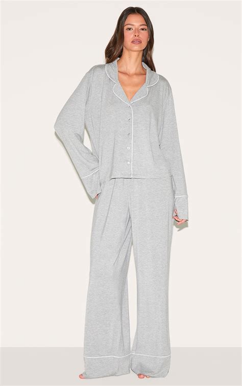 Ensemble De Pyjama Long Modal Gris Chiné À Lisérés Contrastants Lingerie Pyjamas PLT FR