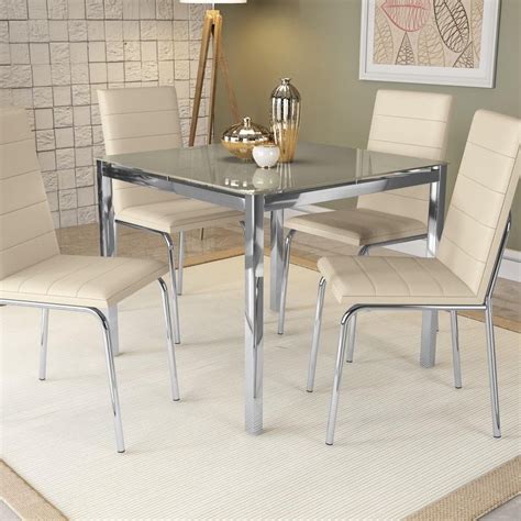 Kit Conjunto Mesa Quadrada Cadeiras X Cm Sala De Jantar Cozinha Vidro Metal Cromado Nude