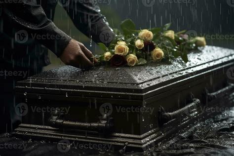 closeup of a funeral casket at a cemetery with flowers in the rain,hand