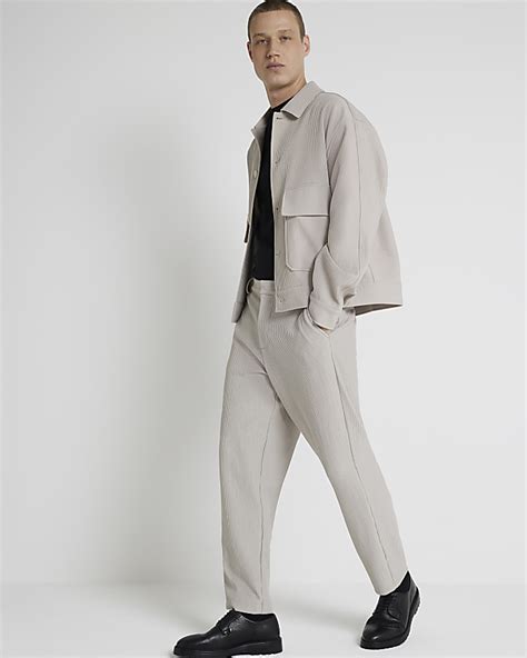 Ecru Tapered Fit Plisse Smart Trousers River Island