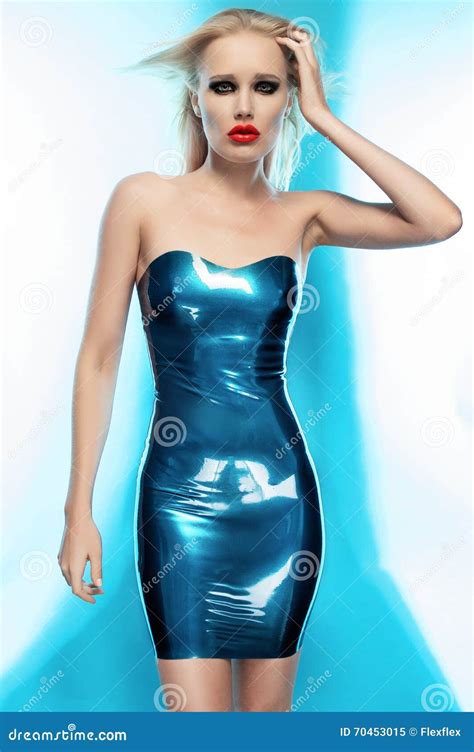 Blonde Woman In Blue Latex Dress Stock Image Image Of Fetish Caucasian
