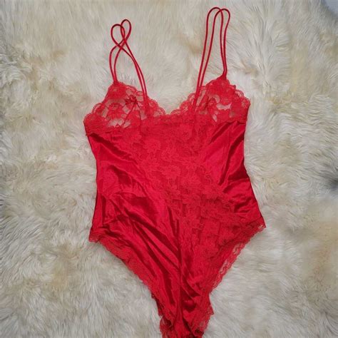 Vtg Red Lace Teddy Lingerie Bodysuit Gem
