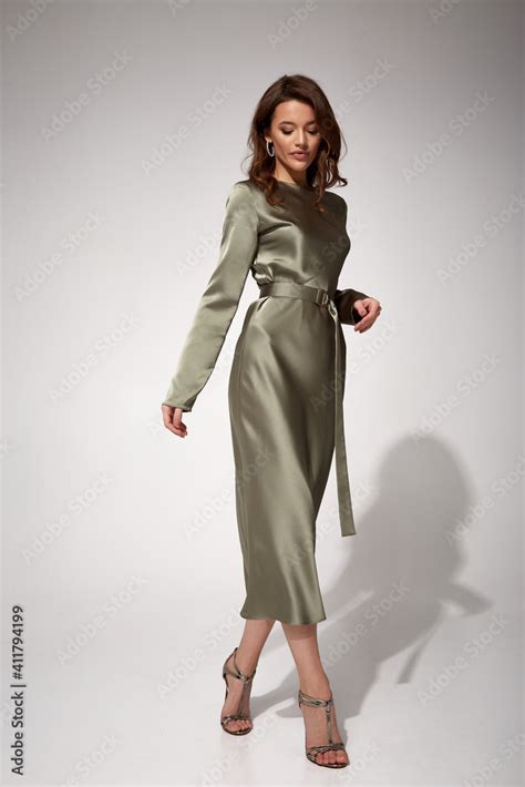 Beauty Brunette Woman Luxury Lifestyle Bright Makeup Wear Natural Organic Silk Midi Dress High