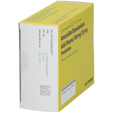 Amoxicillin clavulansäure AAA Pharma 500 mg 125 mg 20 St mit dem E