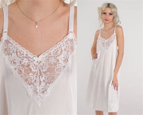 White Slip Dress 70s Lace Trim Lingerie Nightgown Mini Full Etsy
