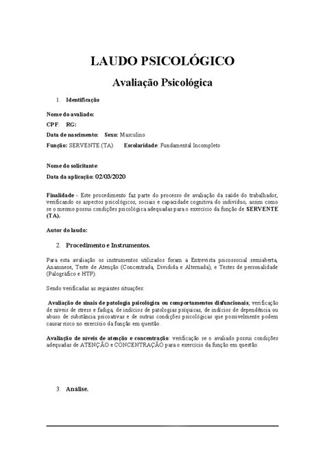 Modelo De Relatório Psicológico Pdf
