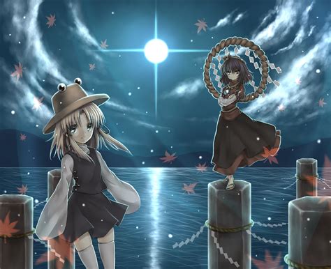 Girls Blonde Hair Blue Eyes Moon Moriya Suwako Purple Hair Red Eyes Takemori Shintarou