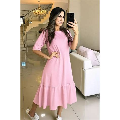 Vestido Midi Dia A Dia - Vestido Midi Feminino Casual Soltinho Manga Curta Confortável Elegante ...