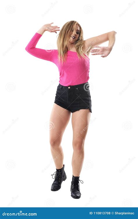 Joyful Happy Smiling Funky Woman In Pink Shirt Dancing Jazz Dance Stock