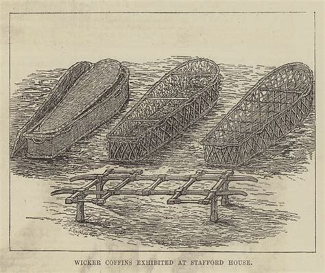 Wicker Coffins exhibited at Stafford House stock image | Look and Learn