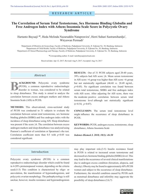PDF The Correlation Of Serum Total Testosterone Sex Hormone Binding Globulin And Free