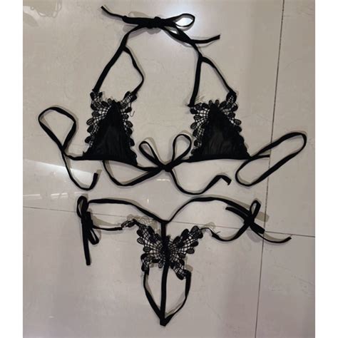 Sexy Lingerie Set Bikini Lace Up Bra Open Crotch Thong Porno Hollow Out Transparent Underwear