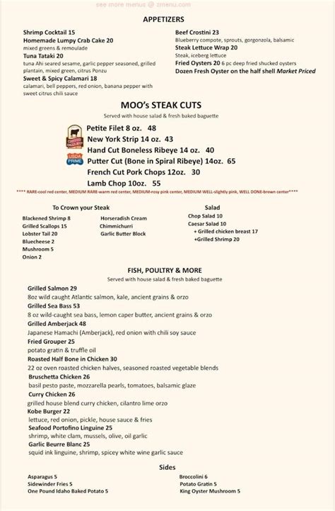 Online Menu Of Moo Moo S Steakhouse Restaurant French Lick Indiana