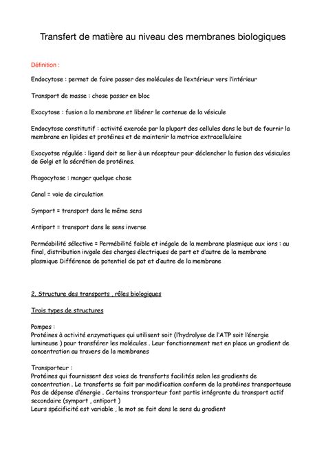 Chapitre Bio Compl Ment De Biologie Note De Cours Transfert De