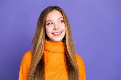 Portrait Of Youth Charming Blonde Hair Cute Happy Smile Girl In Orange Turtleneck Having Idea