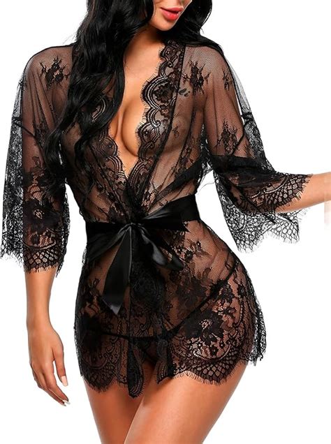 Avidlove Women S Lace Kimono Robe Babydoll Lingerie Mesh Nightgown S Xl At Amazon Womens