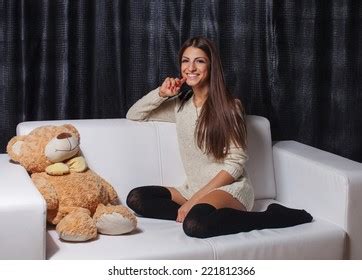 Charming Brunette Bed Her Teddy Bear Stock Photo Shutterstock