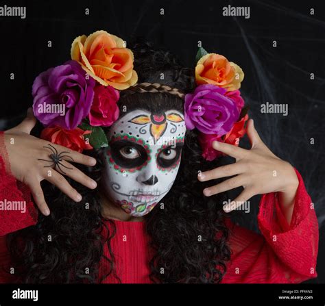 Closeup Portrait Of Calavera Catrina Little Girl With Sugar Skull