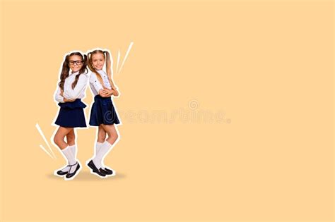Composite Photo Collage Of Astonished Blonde Brunette Schoolgirls Education Concept Wear Uniform